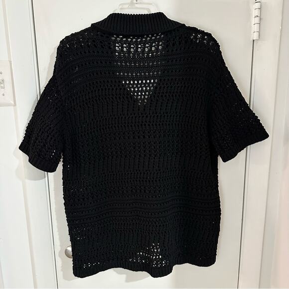 Zara Black Open Knit Polo Cardigan Sweater Short Sleeve Button Down V Neck S/M - Picture 3 of 11